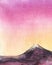 Watercolor abstract landscape. Mountain chain with snowy peak of extinct volcano beneath colorful sunrise sky graduating