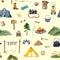 Watercolor adventure camping seamless pattern on yellow background