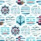 Watercolor adventure seamless pattern in patchwork marine style.