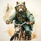 Watercolor adventure unfolds A wolf on a motorcycle