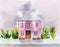 Watercolor of ai midjourney of a tiny pink house model
