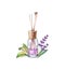 Watercolor Air refresher bottle lavender fragrance. Purple liquid with wooden sticks. Spa and cosmetic products isolated