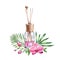 Watercolor Air refresher bottle orchid fragrance. Pink liquid with wooden sticks. Spa and cosmetic products isolated on