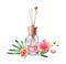 Watercolor Air refresher bottle tropical fragrance. Floral arrangement with peach orchid branch. Pink liquid with wooden