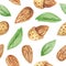 Watercolor Almonds seamless pattern, nuts repeating background, almonds with leaves scrapbook paper, food pattern