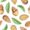 Watercolor Almonds seamless pattern, nuts repeating background, almonds with leaves scrapbook paper, food pattern