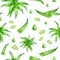 Watercolor aloe vera seamless pattern. Hand drawn fresh succulent plants, aloe juice and oil drops, leaf slices isolated on white