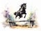 watercolor amazing jumping horse jumping a very high hurdle, equestrian competitions, horse clip art, watercolor style, ai,