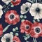 Watercolor anemone seamless pattern on dark blue background. Hand painted isolated red and white flowers, eucalyptus