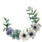Watercolor anemone and succulent wreath. Hand painted white, green, blue flowers and eucalyptus leaves isolated on white