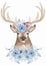 Watercolor animal and beautiful flower bouquet illustration. Deer decorated with florals and feathers clipart. Composition for