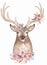 Watercolor animal and beautiful flower bouquet illustration. Deer decorated with florals and feathers clipart. Composition for