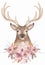 Watercolor animal and beautiful flower bouquet illustration. Deer decorated with florals and feathers clipart. Composition for