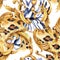 Watercolor animal print with golden baroque seamless pattern, rococo ornament texture