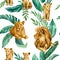 Watercolor animals, lion, lioness and lion cubs, seamless pattern for wallpaper or fabric. Palm leaves