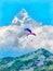Watercolor. Annapurna mountain range. Machapuchare Mountain - home of the god Shiva. Paragliding in Pokhara, Nepal. Travel,