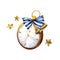 Watercolor antique clock with a striped white and blue bow, brass bell and gold metal stars. Five minutes to twelve. For