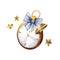 Watercolor antique clock with a striped white and blue bow, brass bell and gold metal stars. Five minutes to twelve. For