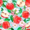 Watercolor apples and floral seamless pattern. Fruit background.