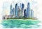 Watercolor Arab Emirates cityscape. Hand drawn Dubai, sea and skyscraper