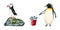 Watercolor arctic animals set isolated. Puffin bird on stone and king penguin with red bucket full of fish. For