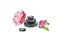 Watercolor arrangement of stones and rose. Dark basalt pyramid with briar flowers. Spa and cosmetic products isolated on