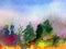 Watercolor art abstract background fresh beautiful landscape sky forest trees pine nature textured wet wash blurred fantasy