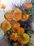 Watercolor art background autumn orange flowers bouquet vivid