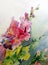 Watercolor art background colorful bouquet flower branch pink yellow violet gladiolus