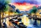 Watercolor art, Beautiful abstract watercolor, evening scene with lanterns on the embankment of an old European city