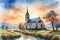 Watercolor art church at countryside sunset