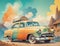 Watercolor art of a classic 1950s American car used by a traveling salesman, within a rural village landscape. Perfect for vintage