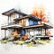 Watercolor art portrays a modern home surrounded by a tranquil forest