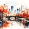 Watercolor art showcases New Yorks autumn at a tranquil lake, a captivating landscape