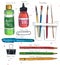 Watercolor art supplies brushes, paper clip, pencils, acrylic ink and paint, brush washer.