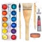 Watercolor art supplies pallet, brushes, tape, paper clip, mechanical pencil, tube.