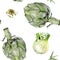 Watercolor artichoke fennel vegetable isolated seamless pattern.