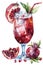 A watercolor artwork of iced tea garnished with pomegranate