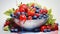 watercolor artwork showcasing a bowl of assorted berries on a clean white canvas