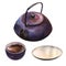 Watercolor asian tea set with dack purple teapot, blue cup of tea and saucer, isolate on white background.