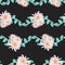 Watercolor aster flower garland light pink gold teal on black seamless pattern