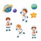 Watercolor astronaut children. Kids astronauts funny rocket cartoon set illustration vector