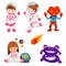 Watercolor astronaut girl children and  alien funny cartoon set illustration vector