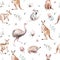 Watercolor australian cartoon kangaroo emu, koala and flying fox seamless pattern. Australian kangaroos set kids