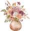 Watercolor autumn bouquet in ceramic jug with fall leaves and flowers isolated on the white background.