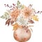 Watercolor autumn bouquet in a ceramic jug with fall leaves and flowers isolated on the white background.