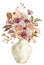 Watercolor autumn bouquet in a ceramic vase with fall leaves and flowers isolated on the white background.