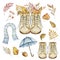 Watercolor autumn composition boots, scarf, umbrella and leaves