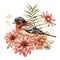 Watercolor autumn composition of gold aster, rose and chaffinch. Hand painted meadow linear flowers and bird isolated on