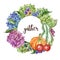Watercolor autumn floral wreath with hydrangea flower, orange pumpkin, green gourd and red apples